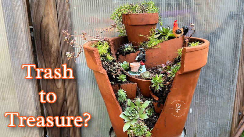 succulent fairy garden in a terra cotta pot with text overlay: Trash to Treasure?