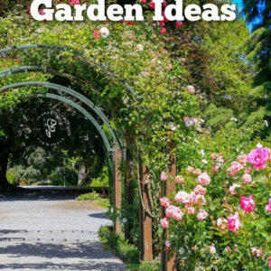 a garden pathway lined with blooming pink roses with an arch to walk through covered with more roses, text overlay reads, beautiful rose garden ideas, discover your favorite here