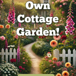 Vibrant cottage garden with colorful flowers including roses and foxgloves. A white picket fence in the background is partially covered by climbing plants, creating a charming and naturalistic scene reminiscent of an English countryside garden, with soft sunlight illuminating the pathway and lush greenery.