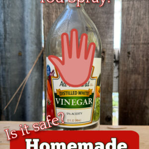 bottle of white vinegar on a wood table, red hand image over lable indicating Stop, text Overlay reads: find out before you spray!, Is it safe?, Homemade Weed Killer, flower patch farmhouse dot com