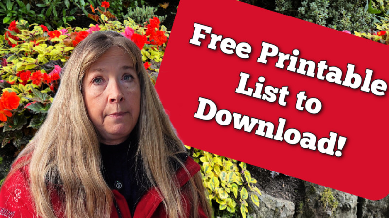 woman in red coat with flowers behind her and a text overlay that reads: Free Printable List to Download