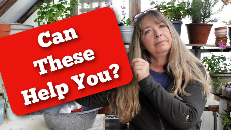 woman, pamela groppe of flower patch farmhouse dot com, holding up a red button with text overlay that reads: can these help you