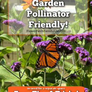 monarch butterfly on a purple verbena flower in the garden with text overlay that reads: Make your small garden pollinator friendly, flower patch farmhouse dot come, no need for a separate space, easy tips and tricks