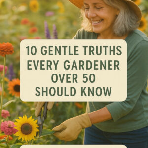 older woman in a garden with sunflowers, text overlay reads 10 gentle truths every gardener over 50 should know, practical heart-centered advice for lifelong gardeners, flower patch farmhouse dot com