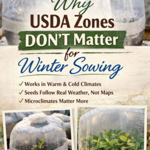 Winter sowing containers made from milk jugs outdoors in cold weather with text explaining why USDA zones don’t matter for winter sowing.
