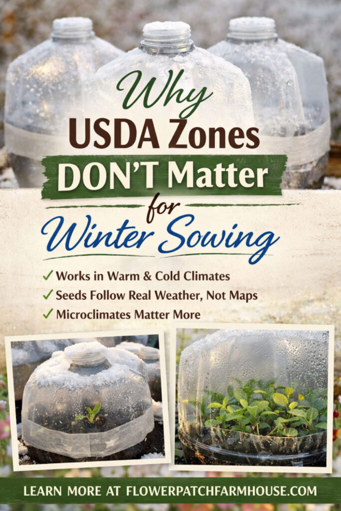 Winter sowing containers made from milk jugs outdoors in cold weather with text explaining why USDA zones don’t matter for winter sowing.