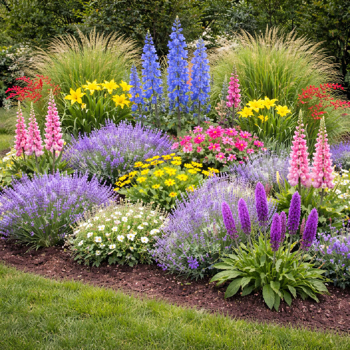 10x20 foot perennial flower bed using the trifecta garden design method, with ornamental grasses, lavender, foxglove, delphinium, and liatris arranged in layered rows