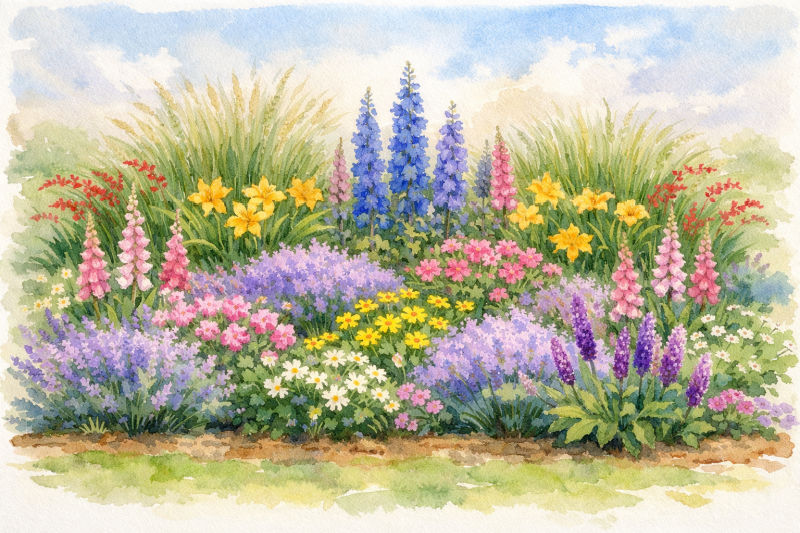 Watercolor illustration of a 10x20 foot cottage garden bed featuring layered planting with tall ornamental grasses and daylilies in the back, mounding lavender and catmint in the middle, and spiked foxglove and delphinium in the front, painted in soft pastel colors with a light, airy garden style.