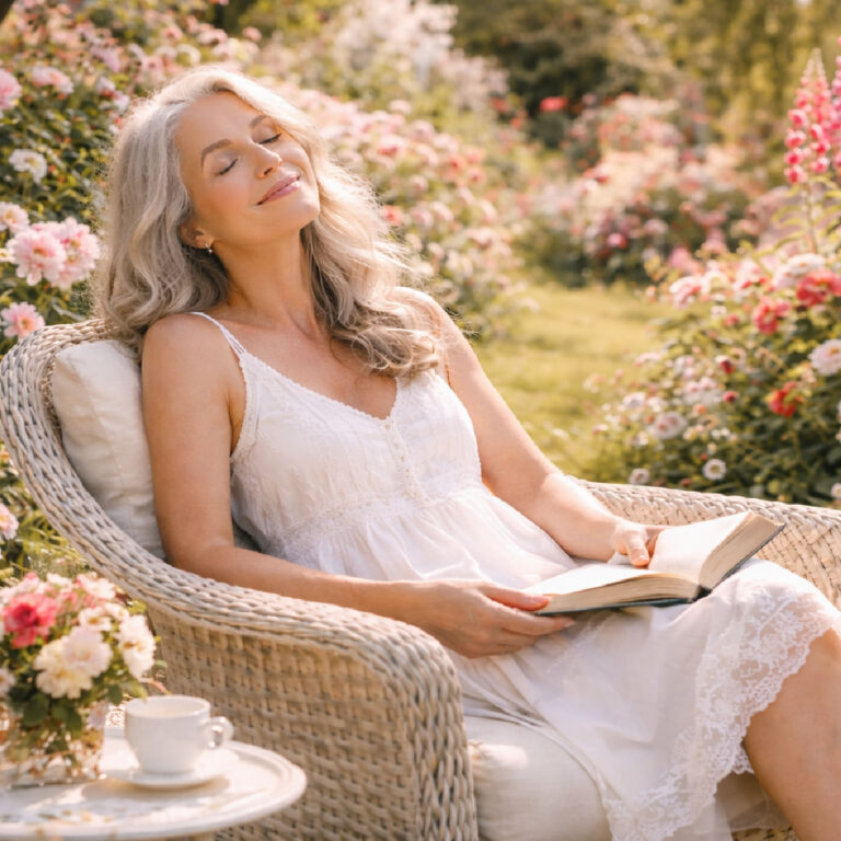 woan relaxing in the cottage garden eyes closed, sitting in a chair with a book on her lap and a cup of tea beside her