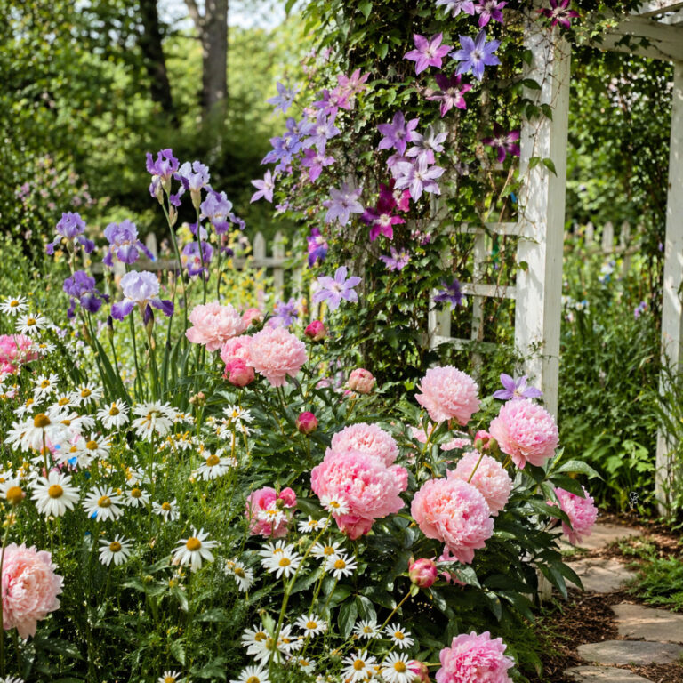 pink peonies in a garden with companion plants, bearded iris, daisies and clematis
