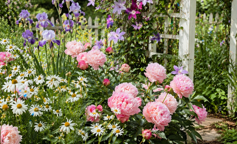 peonies in garden with daisies, iris and clematis