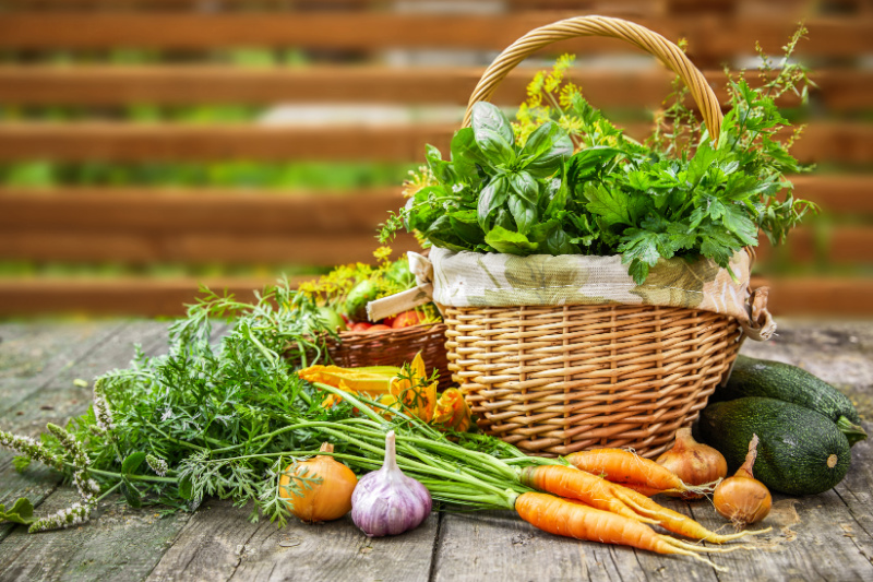 vegetables in a harvest basket on a wood table