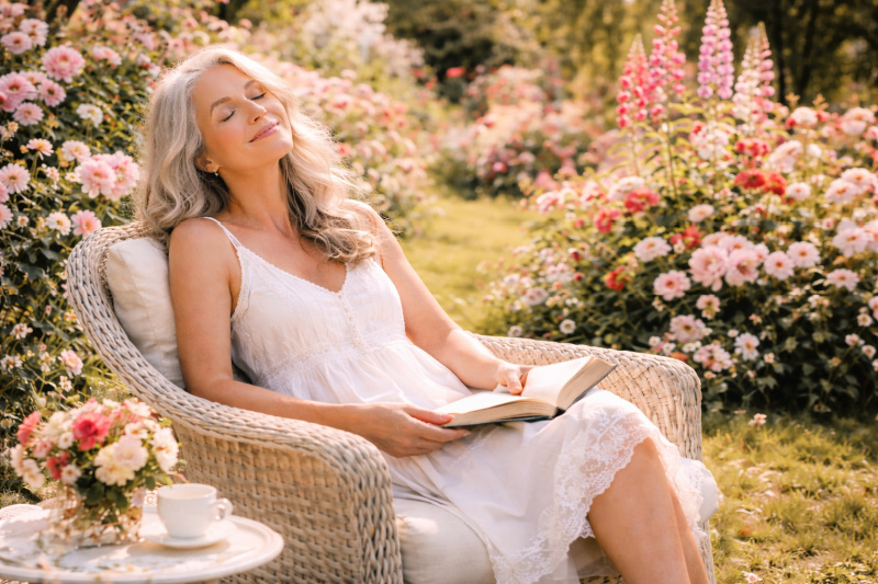 woman relaxing in the garden with a book and cup of tea